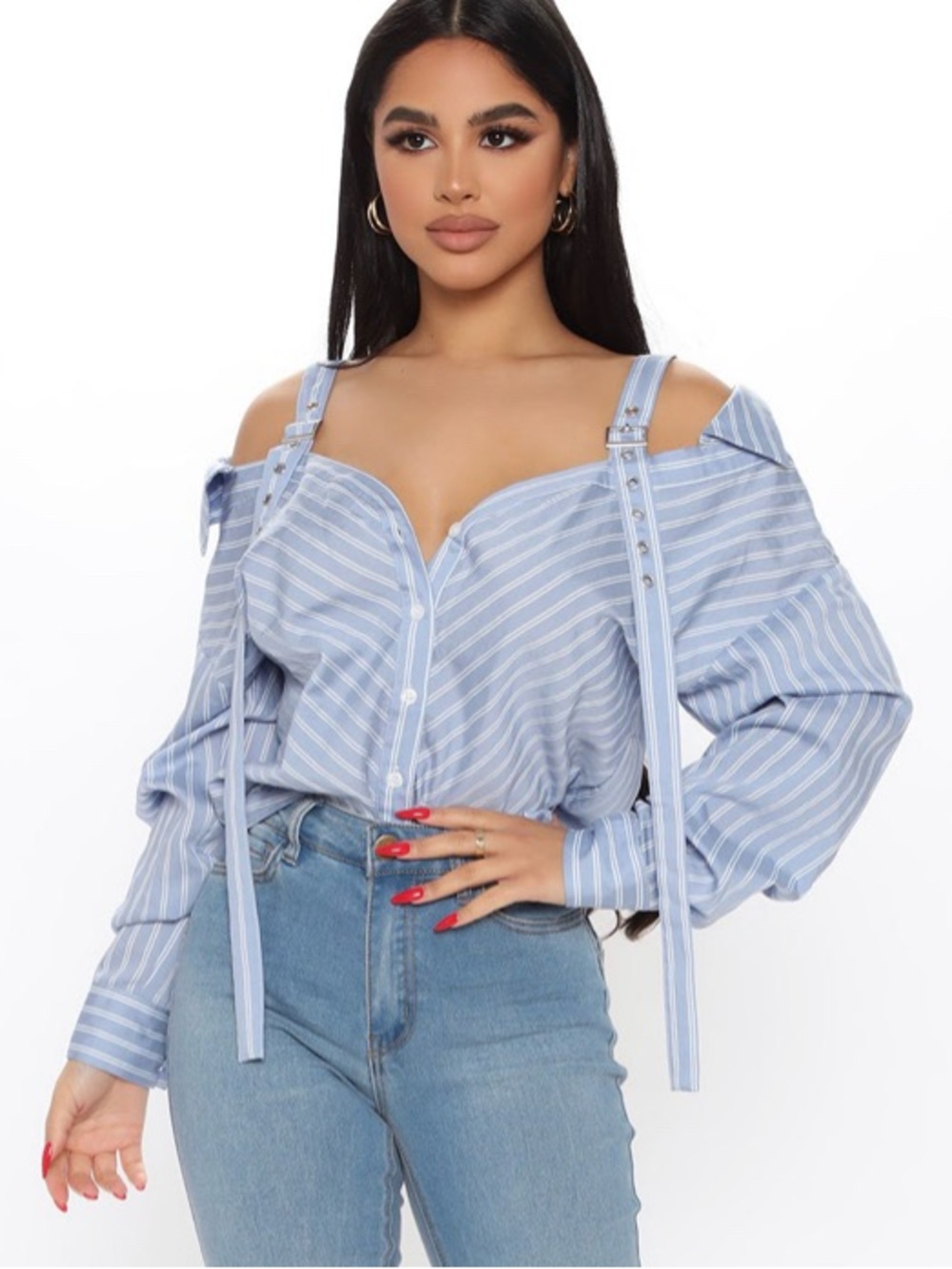 Fashion Nova Striped Cold-Shoulder Blue Blouse with Strap Detail Size S